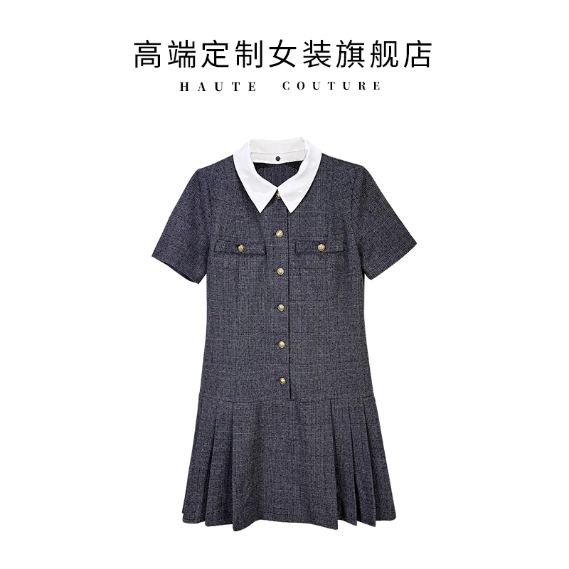 【筱翊定制】高级感学院风减龄撞色可拆卸领灰色钻饰格纹百褶连衣裙