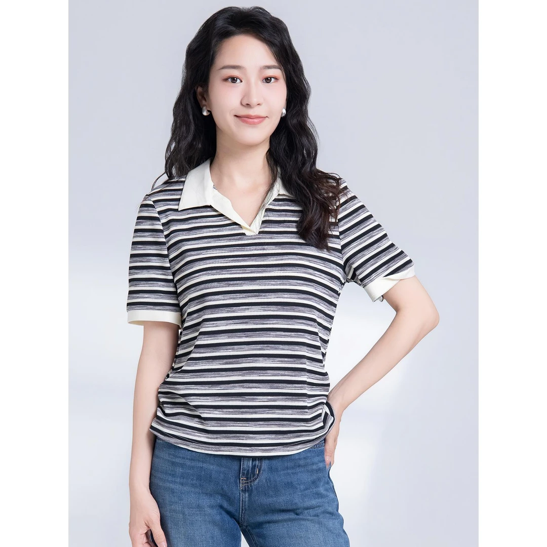 S012夏新款设计感小众条纹polo领短袖T恤女修身显瘦百搭上衣