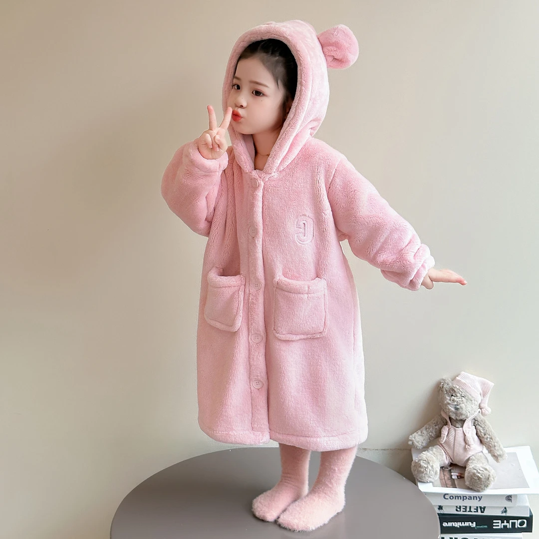 冬季儿童睡袍带帽加厚珊瑚绒女童长款睡衣外穿宝宝保暖家居服连帽