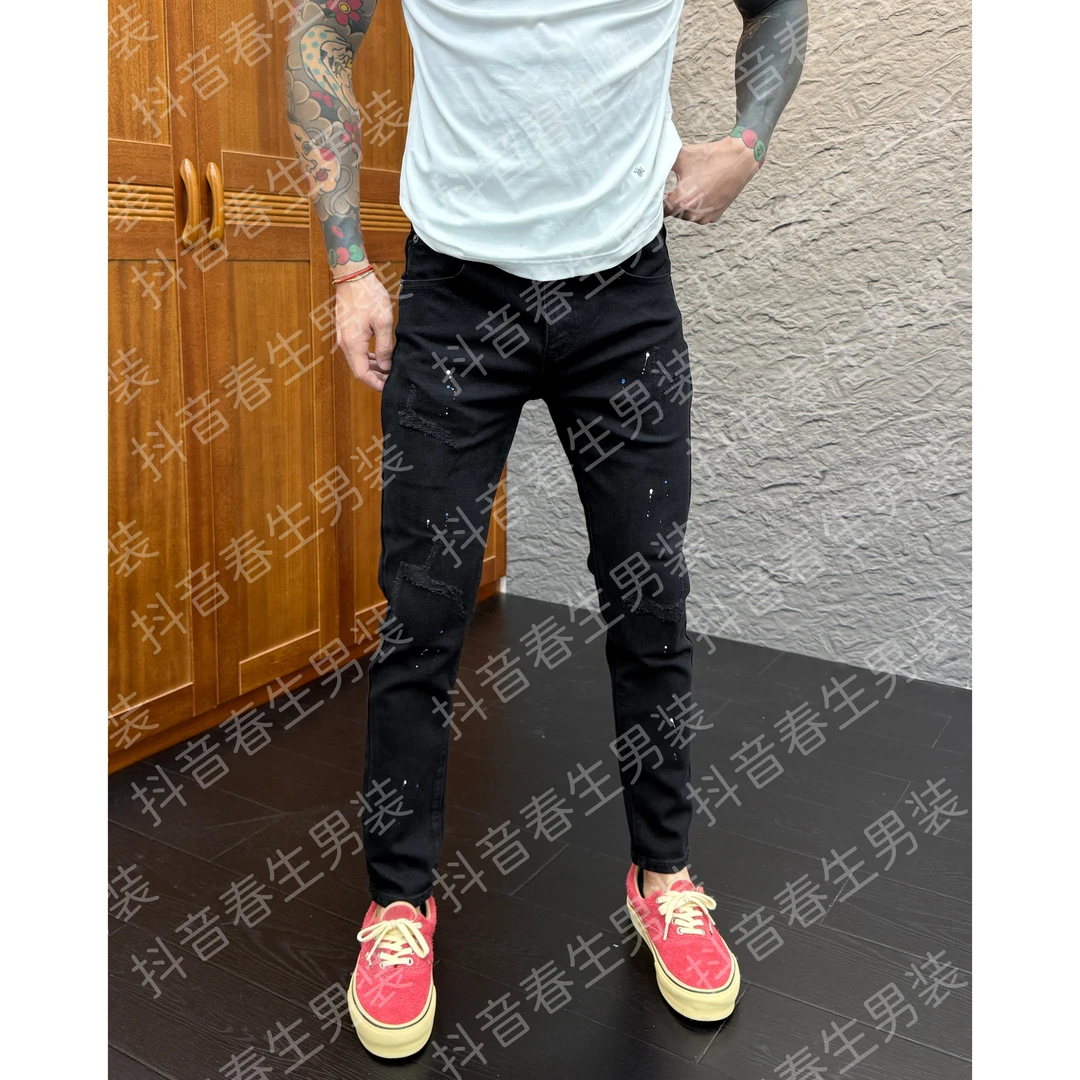 2025早秋新款时尚休闲百搭泼墨工艺小直筒男士黑色牛仔裤7778