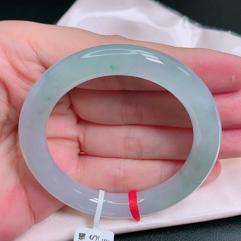 53圈冰种冰飘花起光天然老坑翡翠A货圆条手镯女款冰透测量浅绿