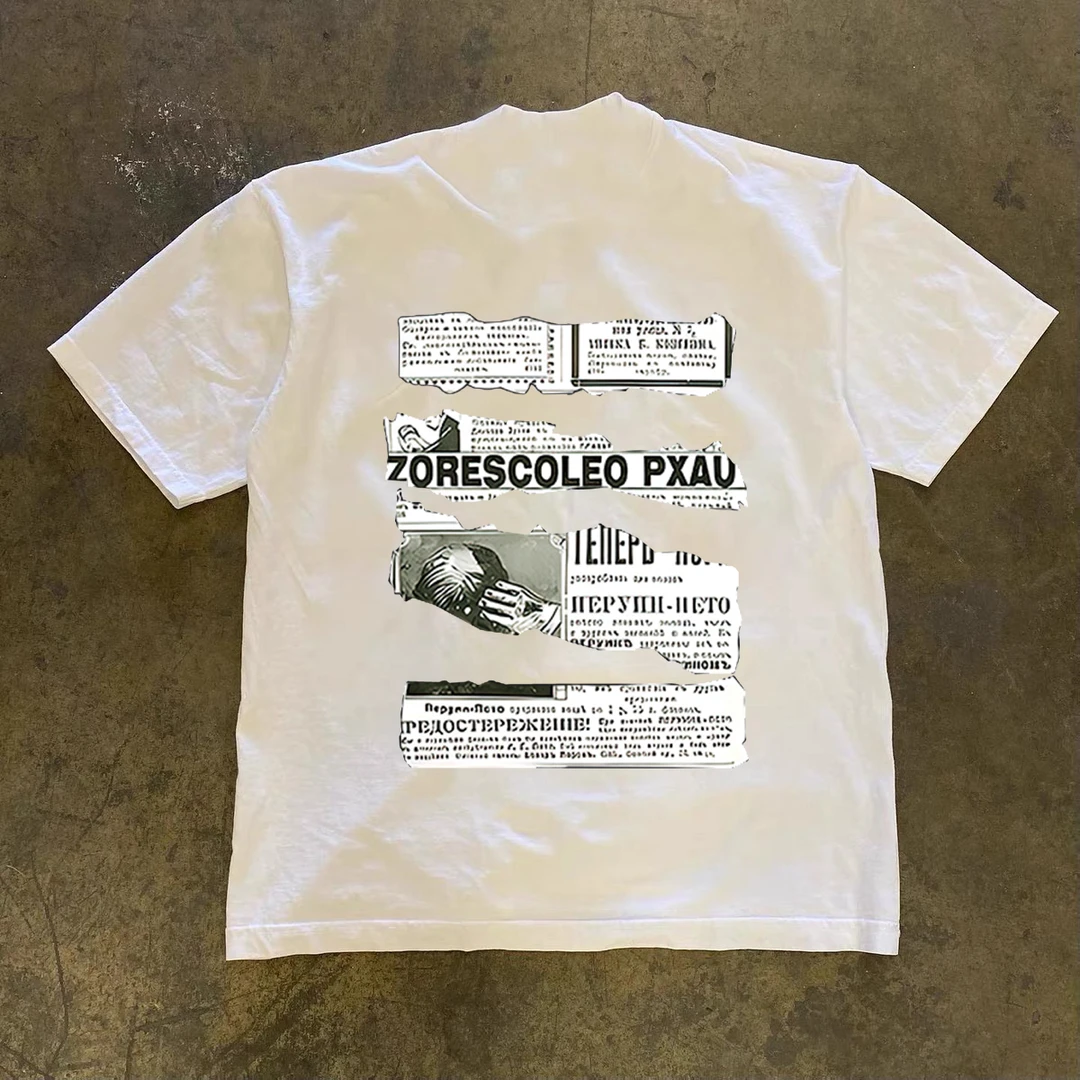 美式复古报纸印花纯棉短袖T恤男士夏季新款潮牌ins小众设计上衣服