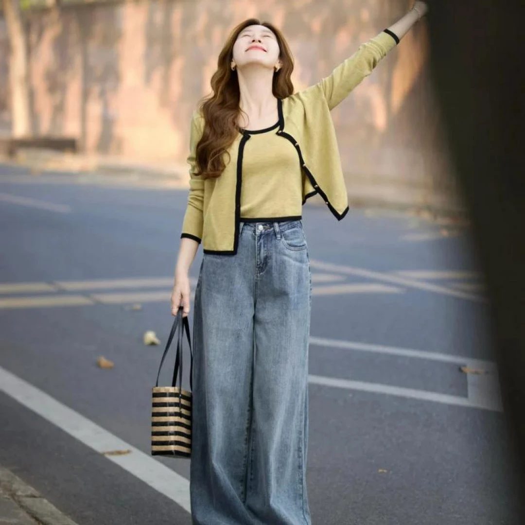 2025春夏新款韩系穿搭慵懒风背心开衫叠穿搭配牛仔裤显瘦三件套女