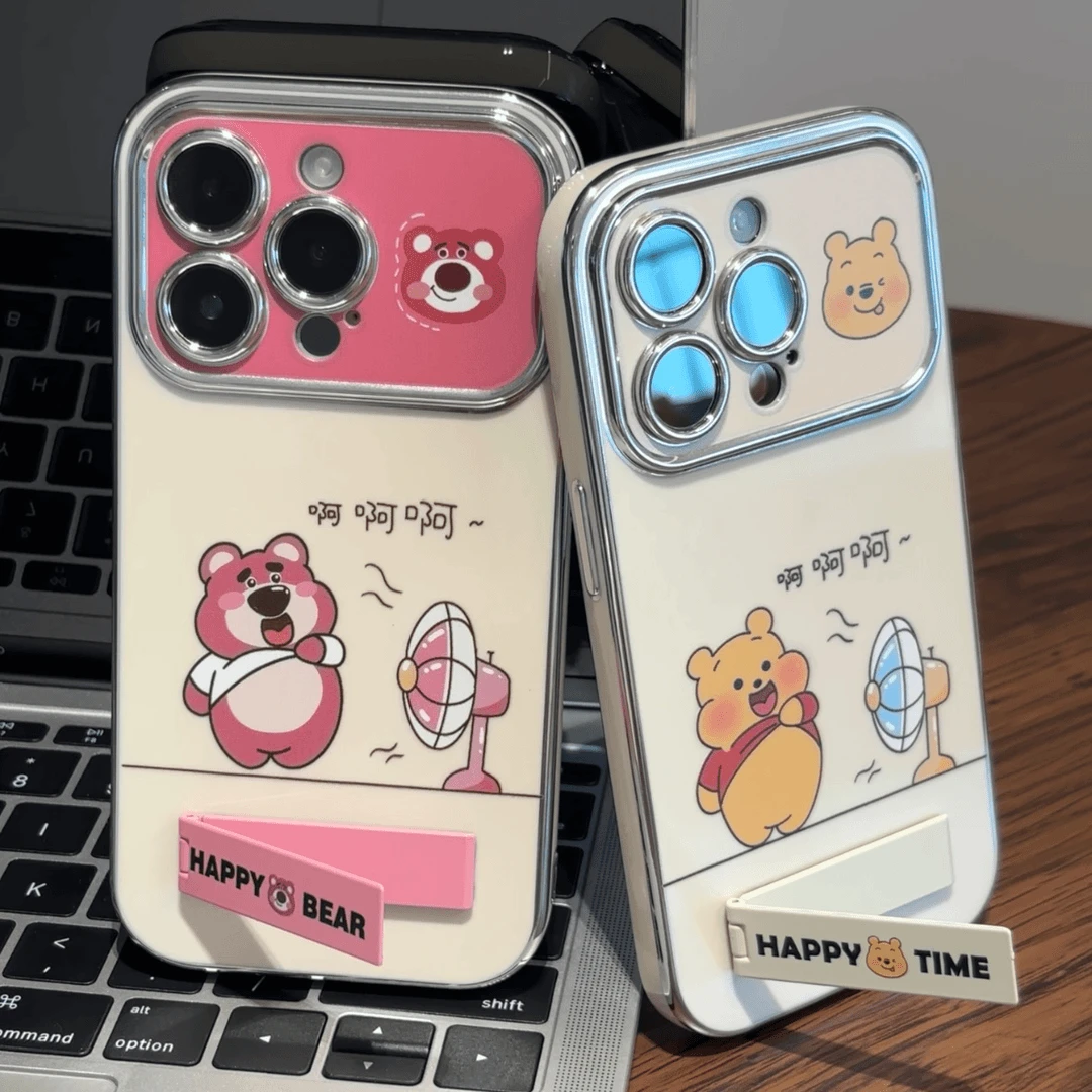 维尼草莓熊支架适用苹果15/14promax电镀大视窗手机保护壳iPhone1
