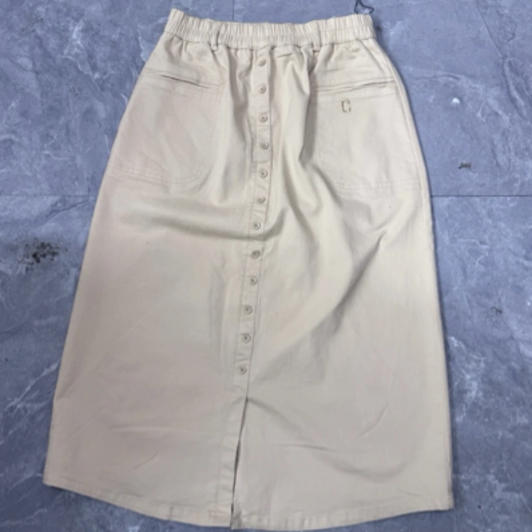 309#【裙长75】棉半身裙夏装中长款松紧腰单排扣开叉A字裙