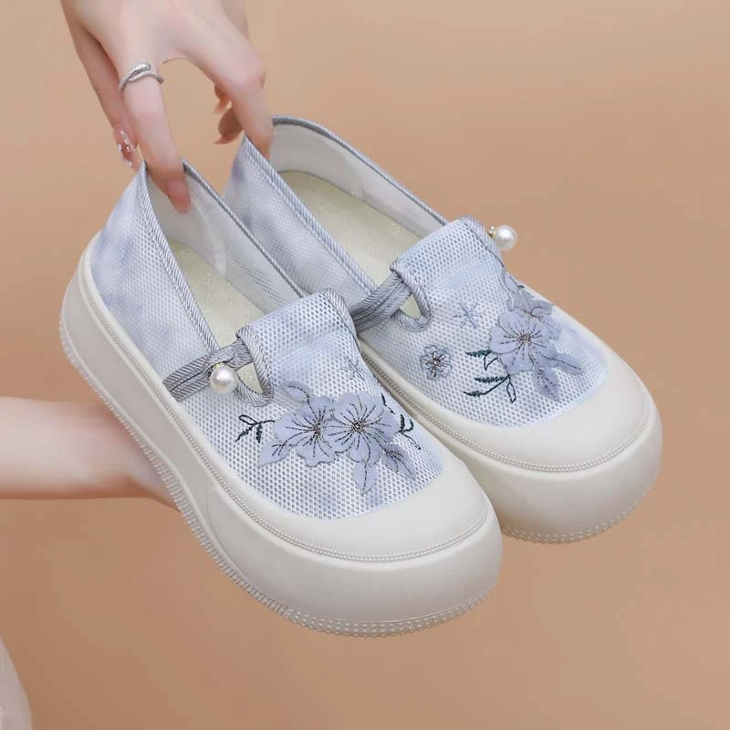 厚底增高休闲鞋夏新款透气镂空绣花鞋一脚蹬妈妈鞋舒适网面鞋平底