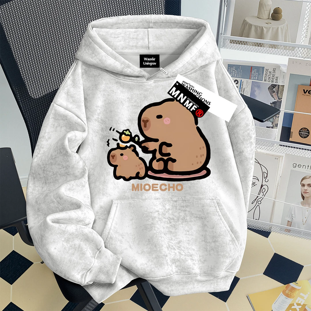 2025秋冬男女童新款扎染连帽卫衣卡皮巴拉印花中学生宽松加绒上衣