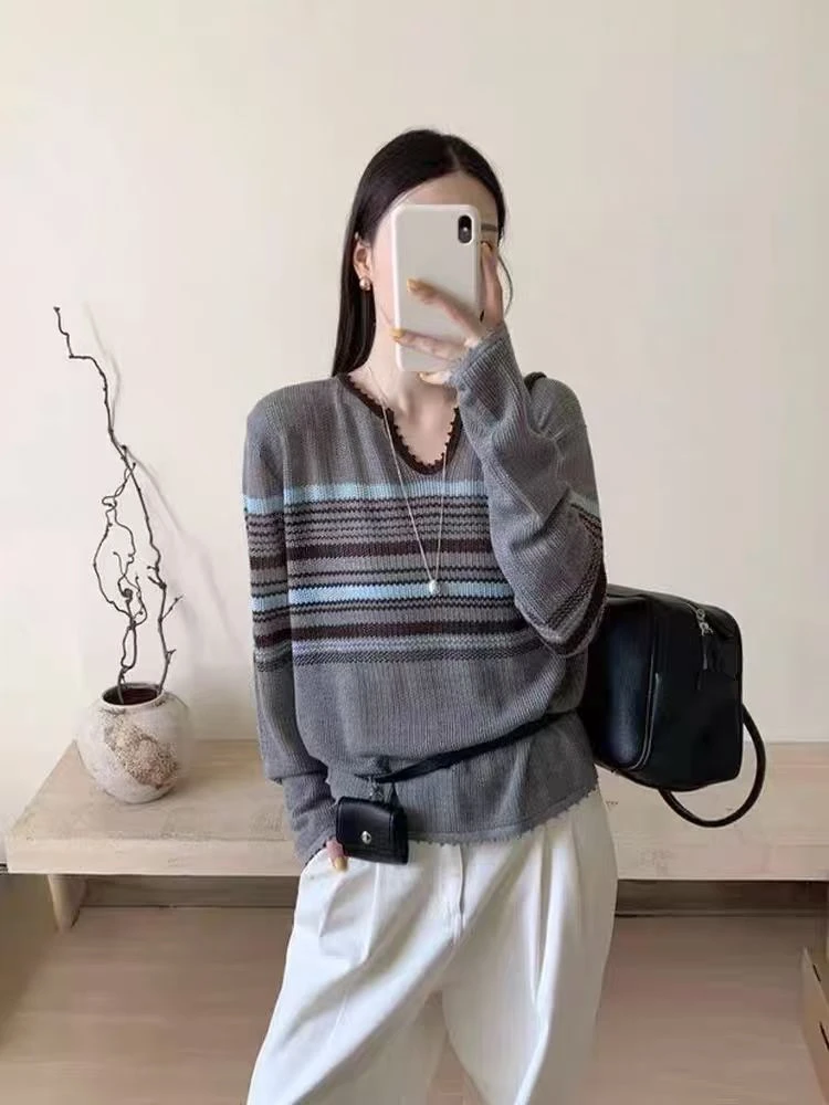 女条纹秋季春季冬季长袖毛针织衫休闲拼色上衣秋冬