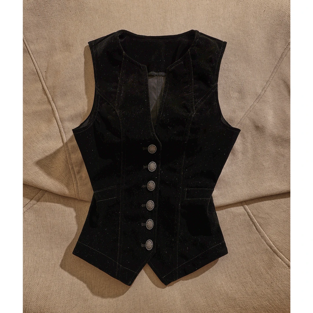 时髦洋气黑色丝绒马甲女外穿内搭排扣背心叠穿上衣修身复古潮流