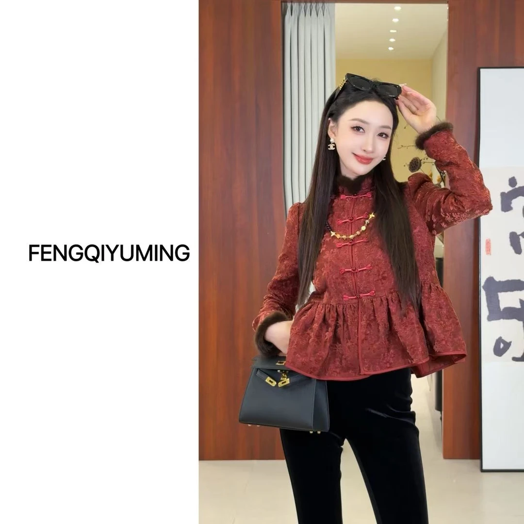 【娇滴滴】新中式显瘦时尚复古水貂毛上衣