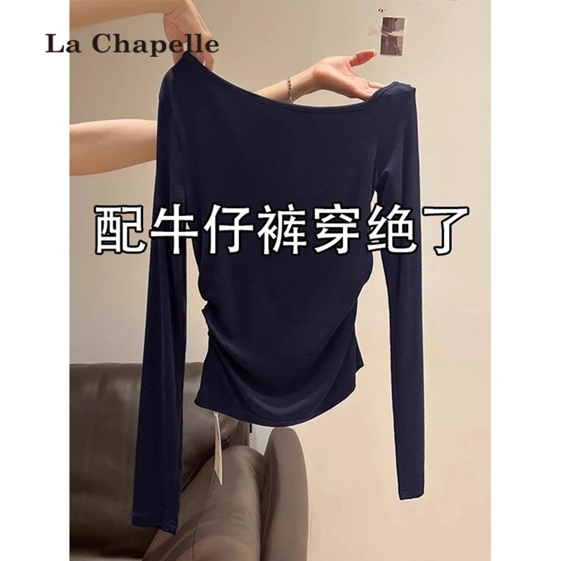 拉夏贝尔藏蓝斜肩长袖T恤女秋季修身内搭打底衫褶皱收腰辣妹上衣