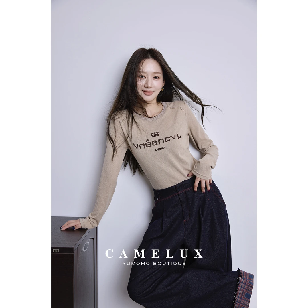 肌理感竹节棉 秒塑纸片人修身显瘦长袖三角针T恤打底衫QTA3054