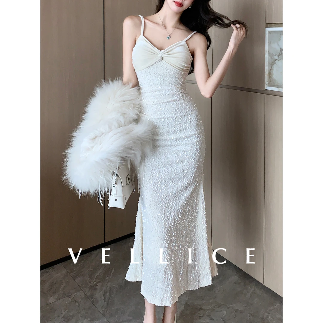 设计感气质显瘦过膝长款赫本风吊带连衣裙生日白色亮片鱼尾礼服裙