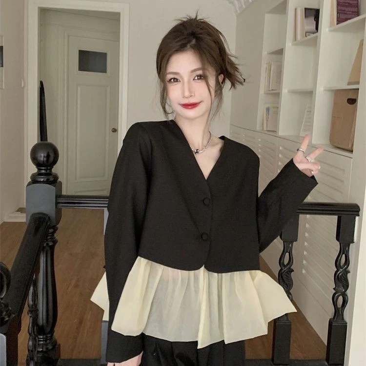 2025春秋新款韩版香风拼接爆款上衣宽松长袖西装短外套女装