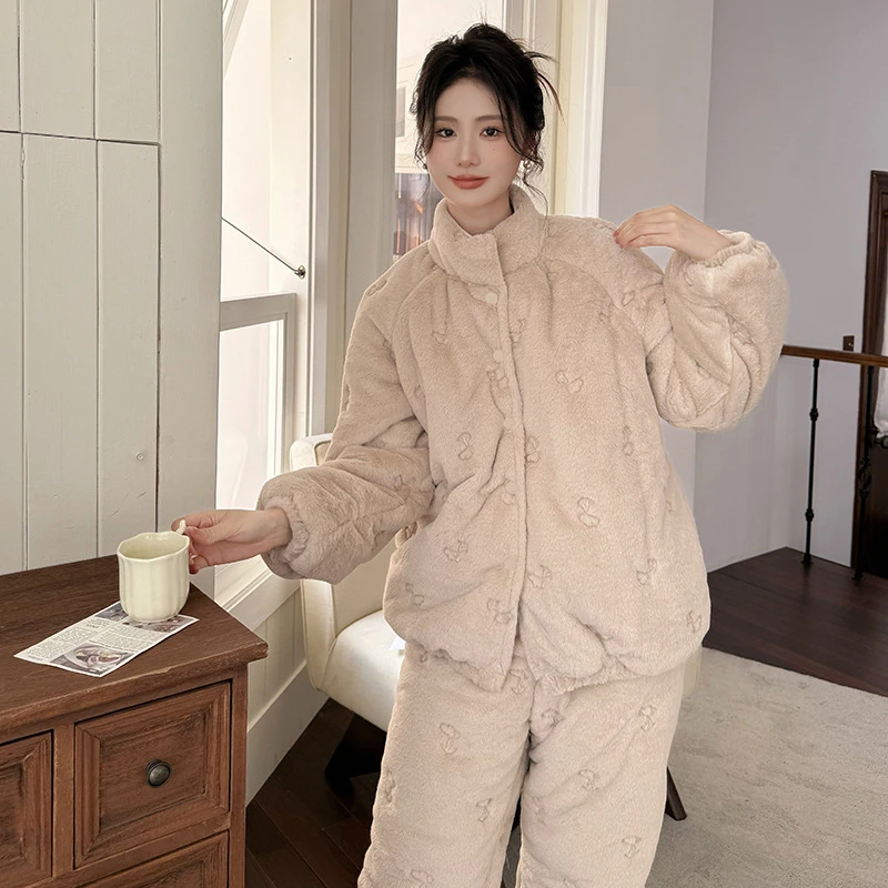 特厚三层夹棉睡衣秋冬法式新款套装冬毛兔貂开衫宽松可外穿家居服