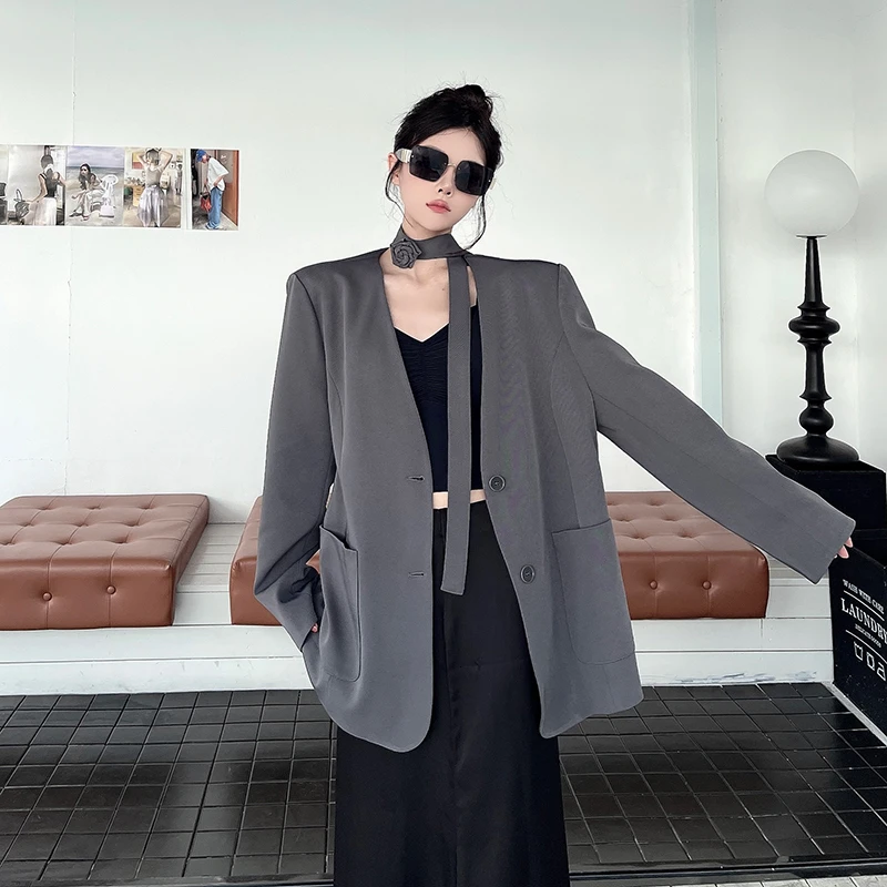 轻奢女装烟灰色飘带无领春秋西装西服女高端大气黑色西装品质女装