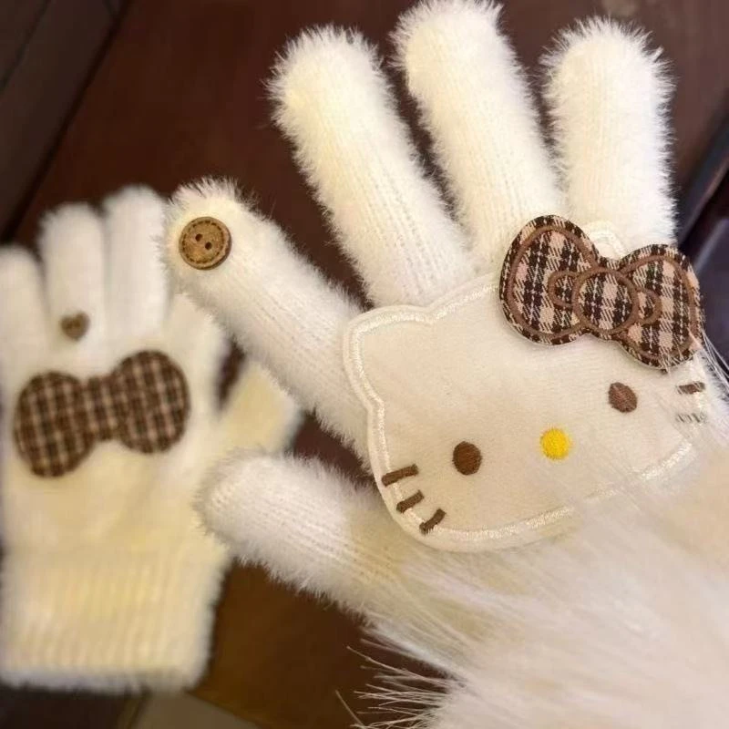 新款可爱复古文艺格子kitty手套女冬季2025新款保暖五指学生骑车