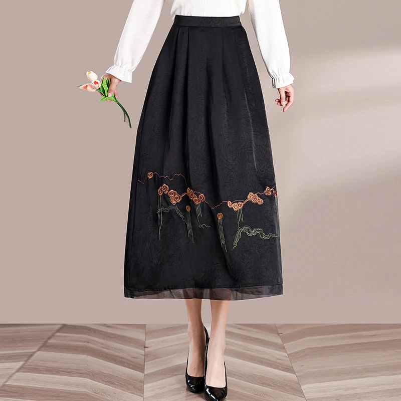 新中式妈妈中国风高腰A字裙花色刺绣半身裙显瘦气质绣花
