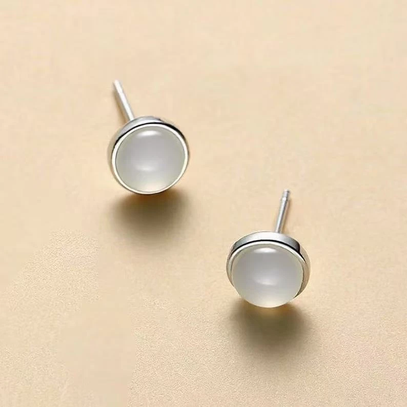 925银玻璃耳饰 白色耳饰复古耳钉百搭女迷你镶嵌原创设计女款日韩