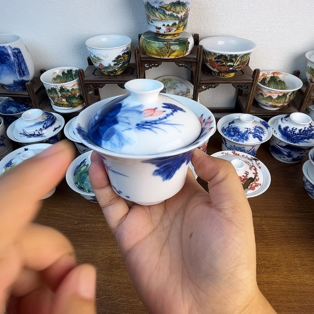 忠意堂釉下彩荷花鱼盖碗微瑕不退