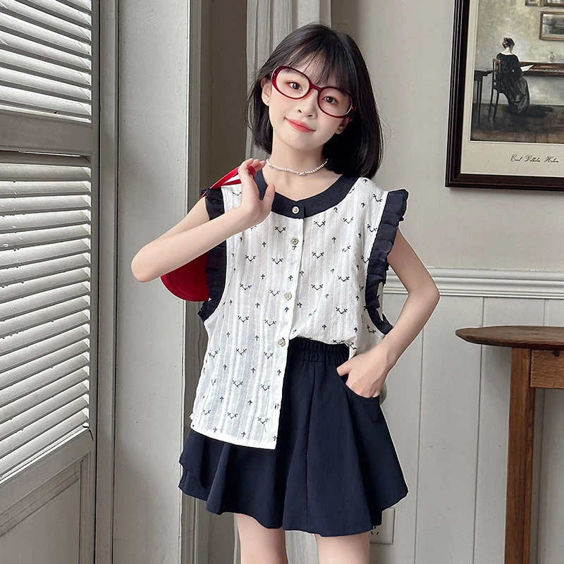 女大童夏季套装2025新款韩系女孩薄款无袖衬衫休闲学生裙裤两件套