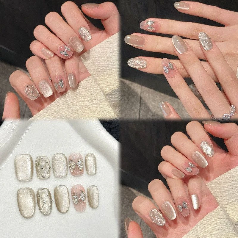 穿戴甲菱格锆石猫眼丁香【批发纯手工穿戴甲猫眼】短甲显白爆款