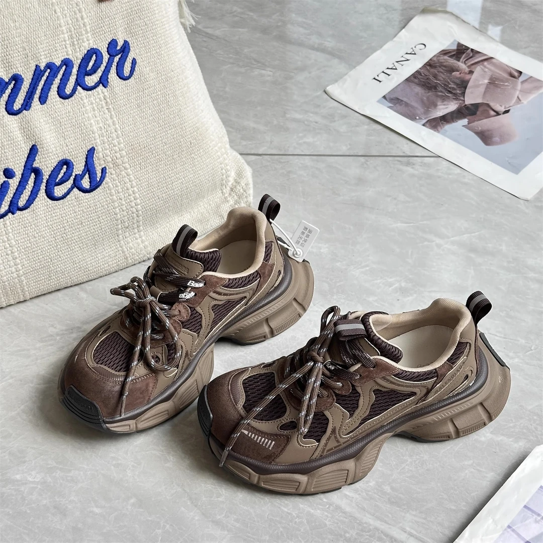 厚底透气网面老爹鞋女2025秋季新款透气休闲时尚复古显脚小运动鞋