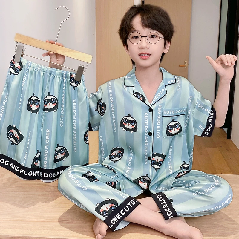 YUZHAOLIN/俞兆林小男孩卡通冰雪丝夏季三件套短袖开衫款儿童睡衣