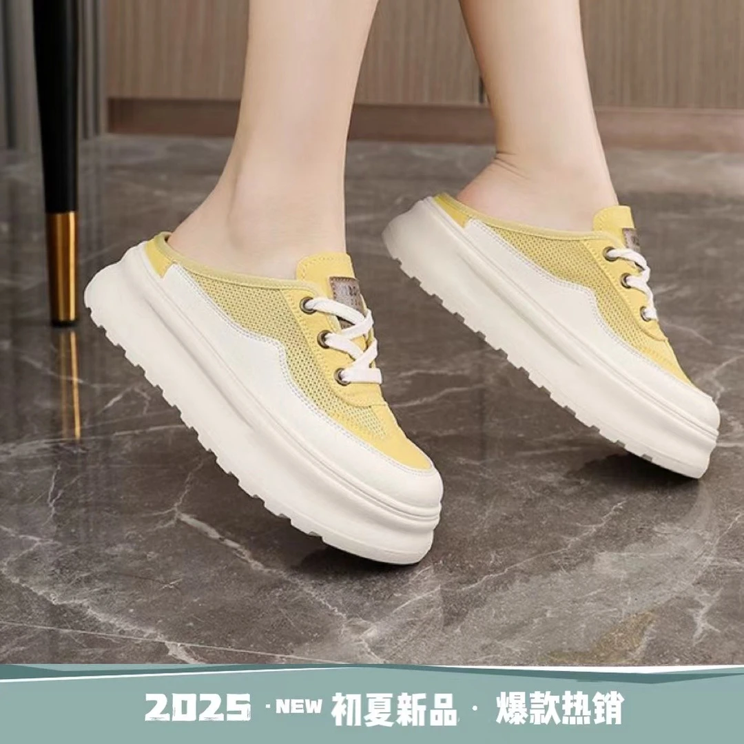 新款外穿懒人半拖鞋女内增高半拖网面透气半包头拖鞋帆布小白鞋