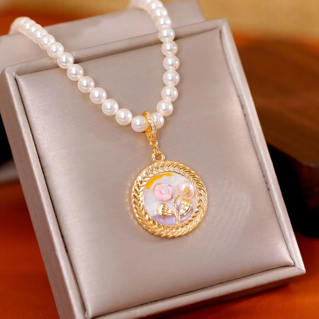 铜合金项链 《货号8722》新中式油画花朵吊坠项链