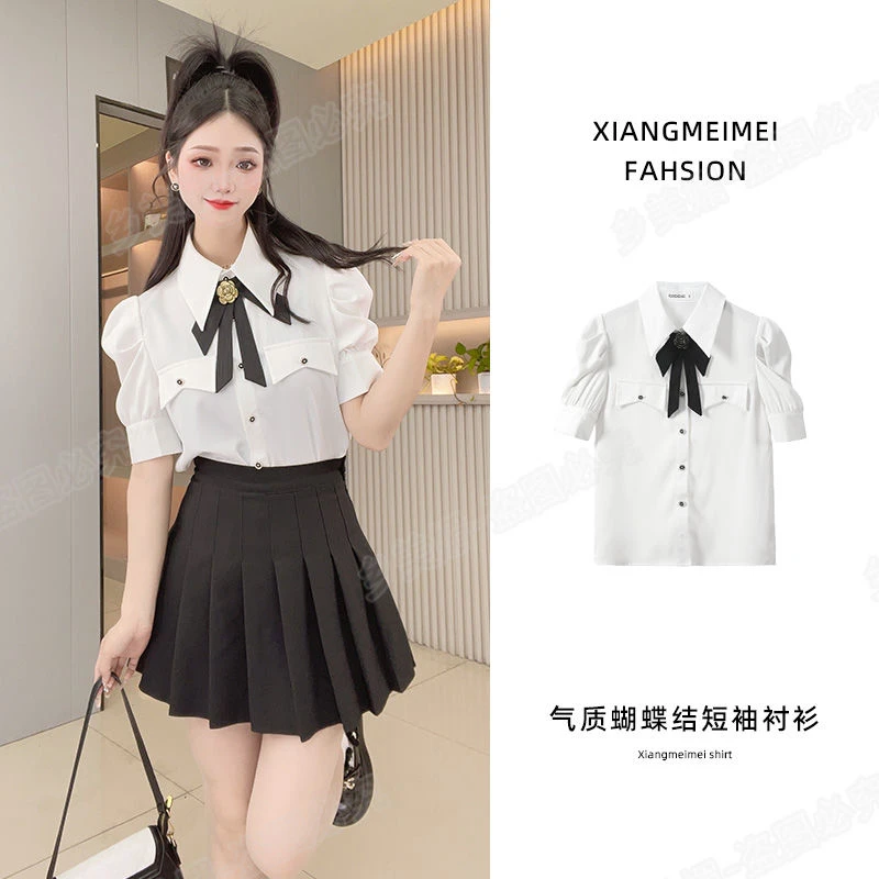 法式短袖白色衬衫夏季2024气质蝴蝶结衬衣别致洋气别致泡泡袖上衣