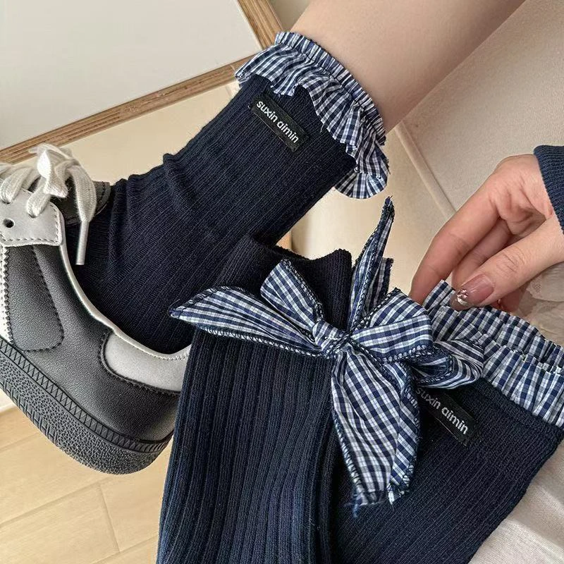 藏青色花边袜子小香风女夏日系堆堆中长后跟蝴蝶结miu系芭蕾风LX