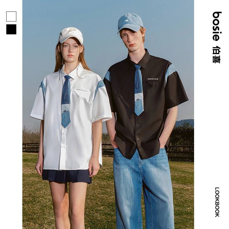 bosie2025年夏季新品解构牛仔领带百搭拼接宽松休闲日系短袖衬衫