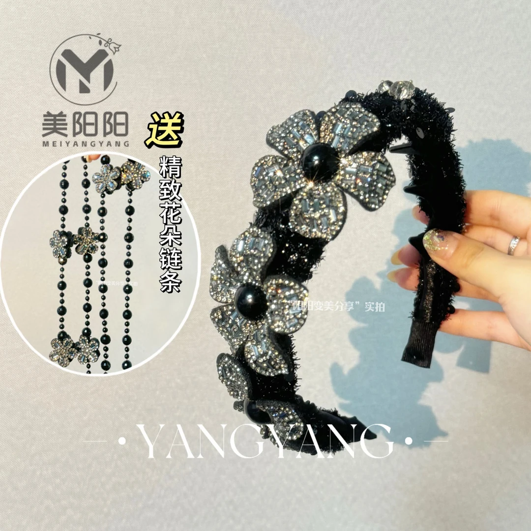 复古气质黑色高级感碎花立体花卉流苏花朵轻奢发箍