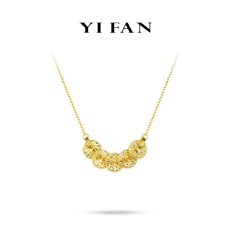 吊坠925银合成锆石 20689-（五帝钱）金色雕纹铜钱百搭项链