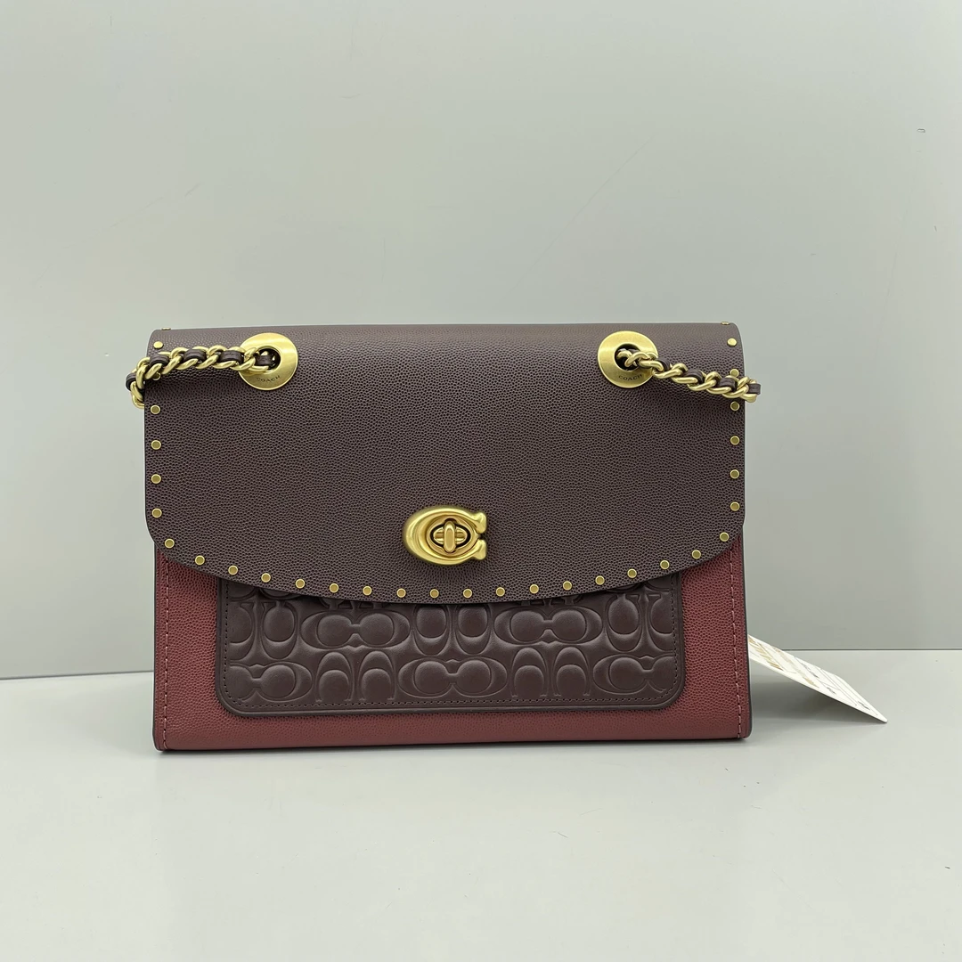 95新 COACH/蔻驰 parker26黑盖老花山茶链条包26x18x10cmE011407