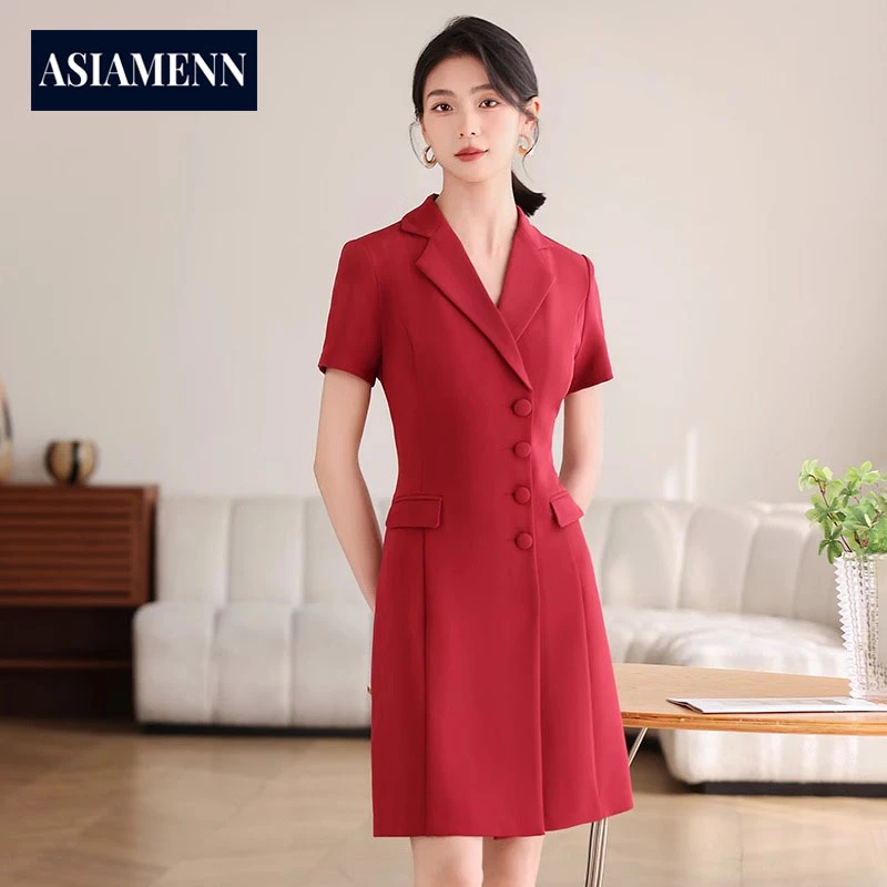 酒红色高级职业连衣裙女士气质主持人礼仪工装时尚正装西装裙夏季
