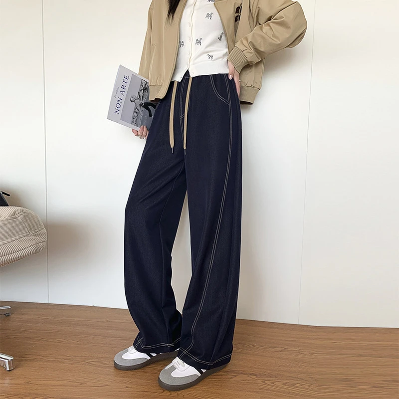 大码丹宁蓝牛仔裤女夏新款高腰显瘦大码冰丝直筒宽松阔腿裤