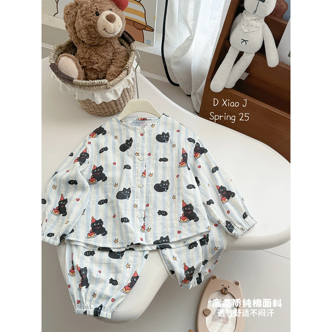 现货【嘿甜心】儿童春秋可爱卡通棉纱家居套装-26687