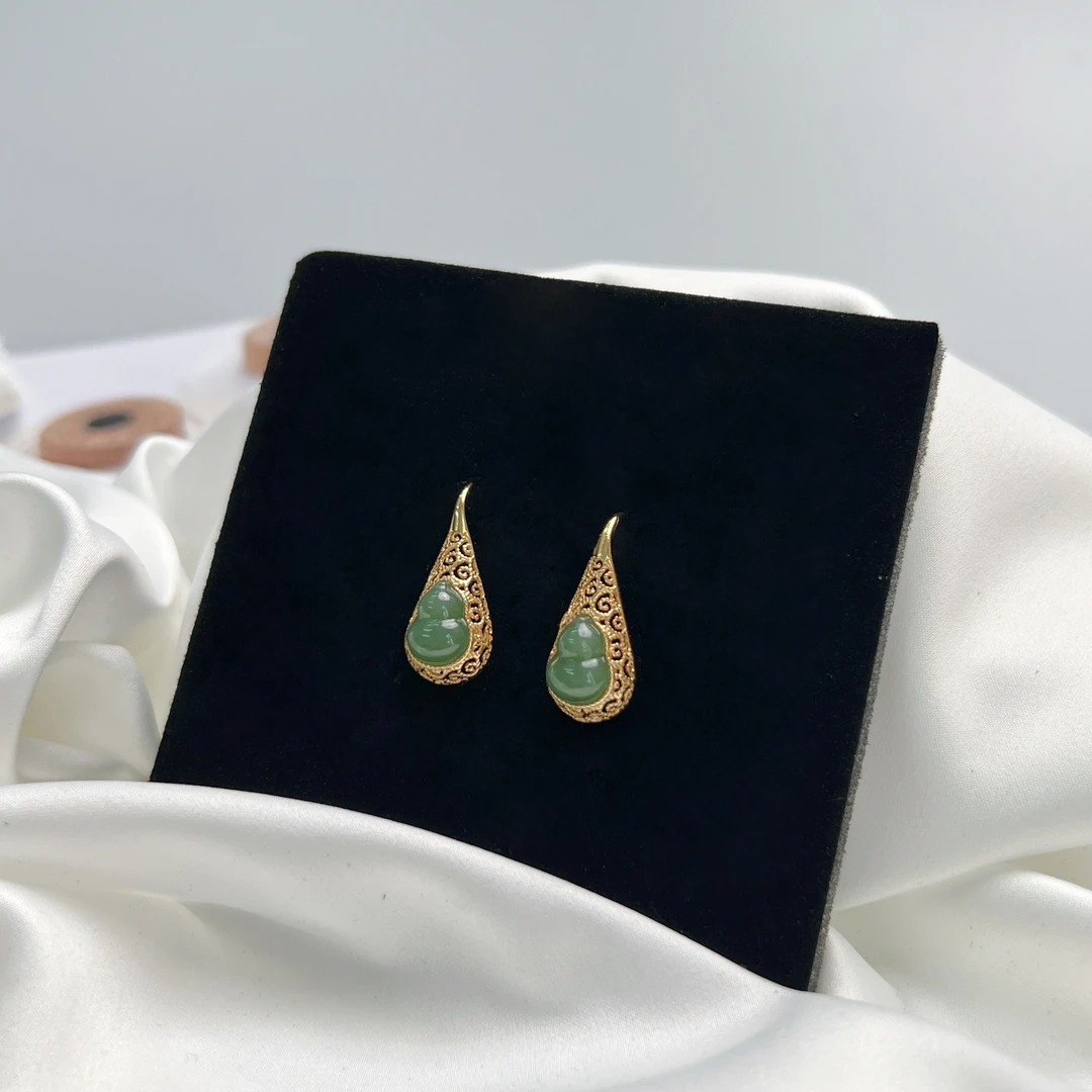 和田碧玉葫芦耳钩S925银