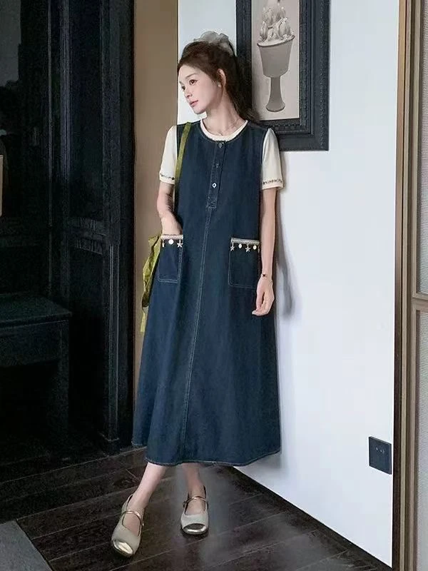 港风复古蓝色牛仔背心连衣裙两件套(25083)