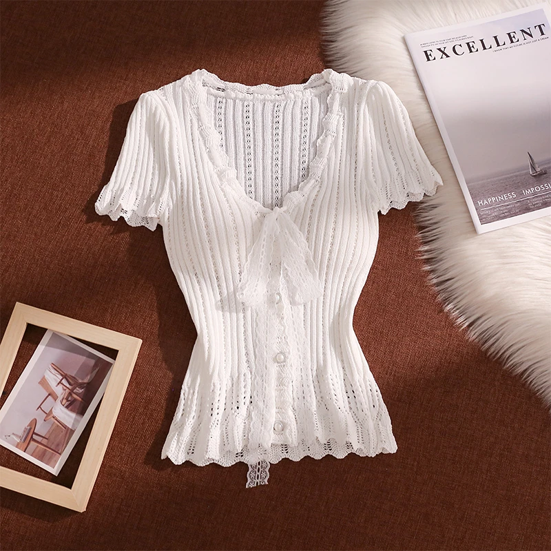 辣妹蕾丝针织衫吊带背心女夏季外穿性感V领修身显瘦短袖无袖上衣