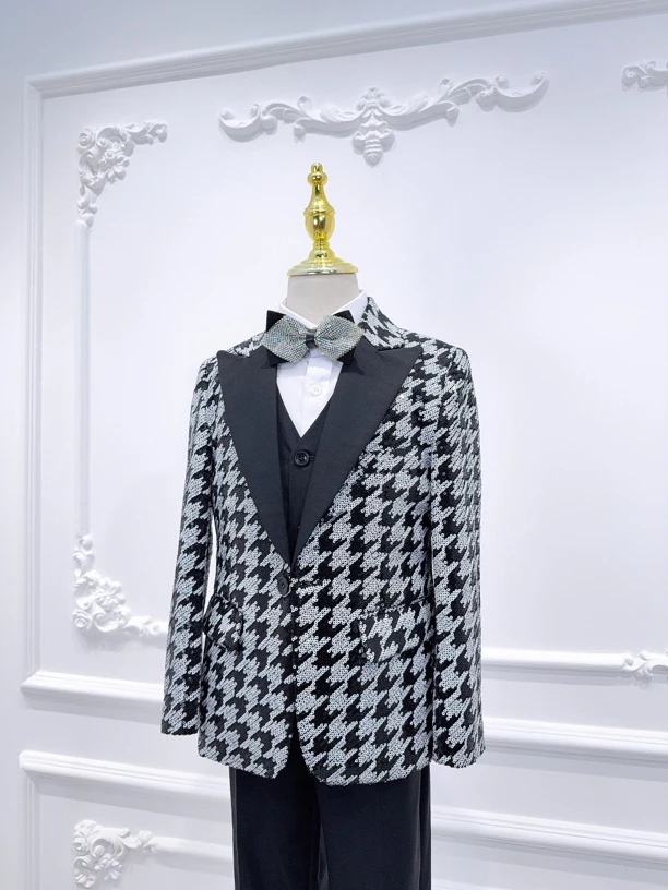 黑白亮片一粒扣西服格子潮流休闲短款外套秋冬西装套装气质5件套