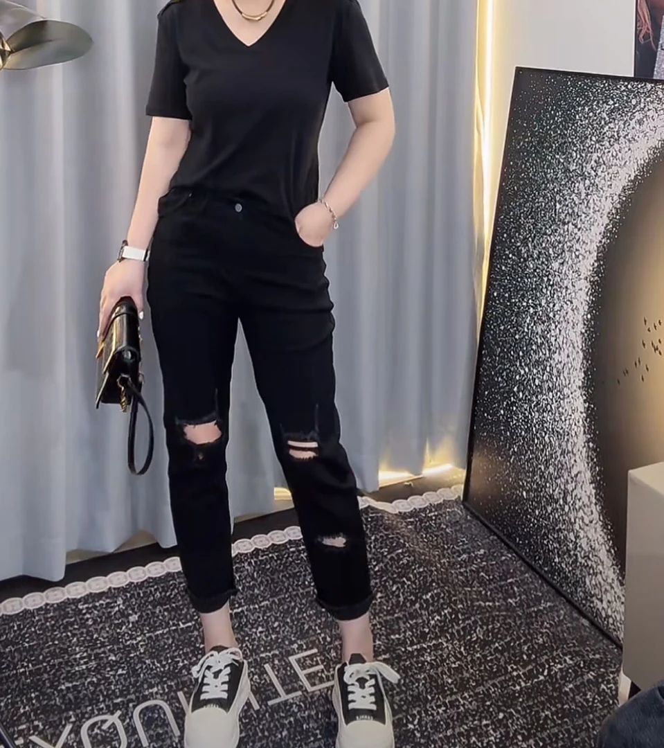 爆款2025新款大码破洞牛仔裤女夏季薄款弹力高腰老爹裤乞丐哈伦裤