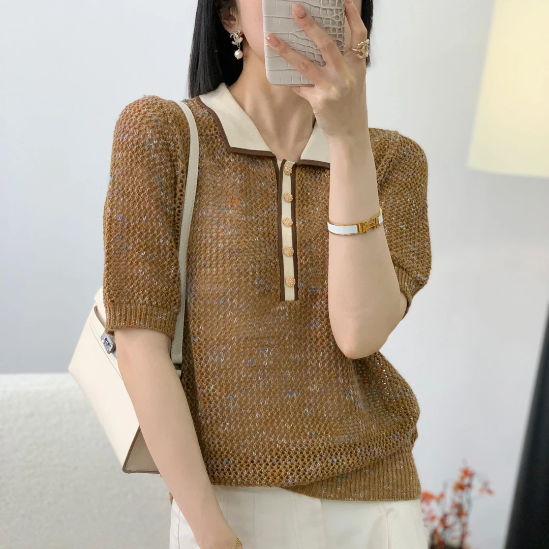 【倩倩精选】韩版新款气质时尚POLO领花纱镂空高级百搭针织衫A169#