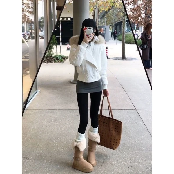 HandSeven美式辣妹毛领连帽羽绒棉服外套冬季派克服加厚修身棉袄