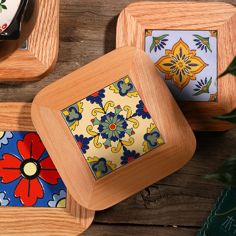 实木复古花砖隔热砂锅垫家用创意厨房餐垫耐高温防烫桌垫日式杯垫