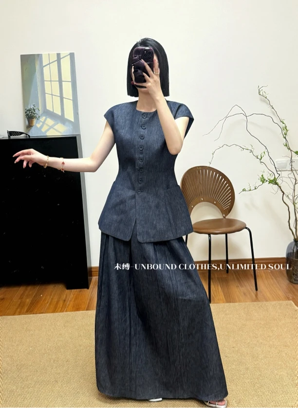 老钱风棉麻马甲➕A字半身裙套装显瘦气质