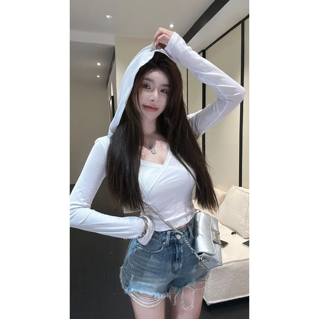 HuiHui【基础显身材 】修身休闲百搭连帽v领防晒长袖t恤有弹力（A480