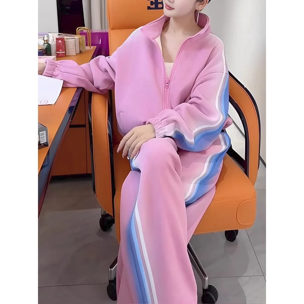 今年流行休闲直筒长裤运动拉链女士运动套装2025新款爆款洋气